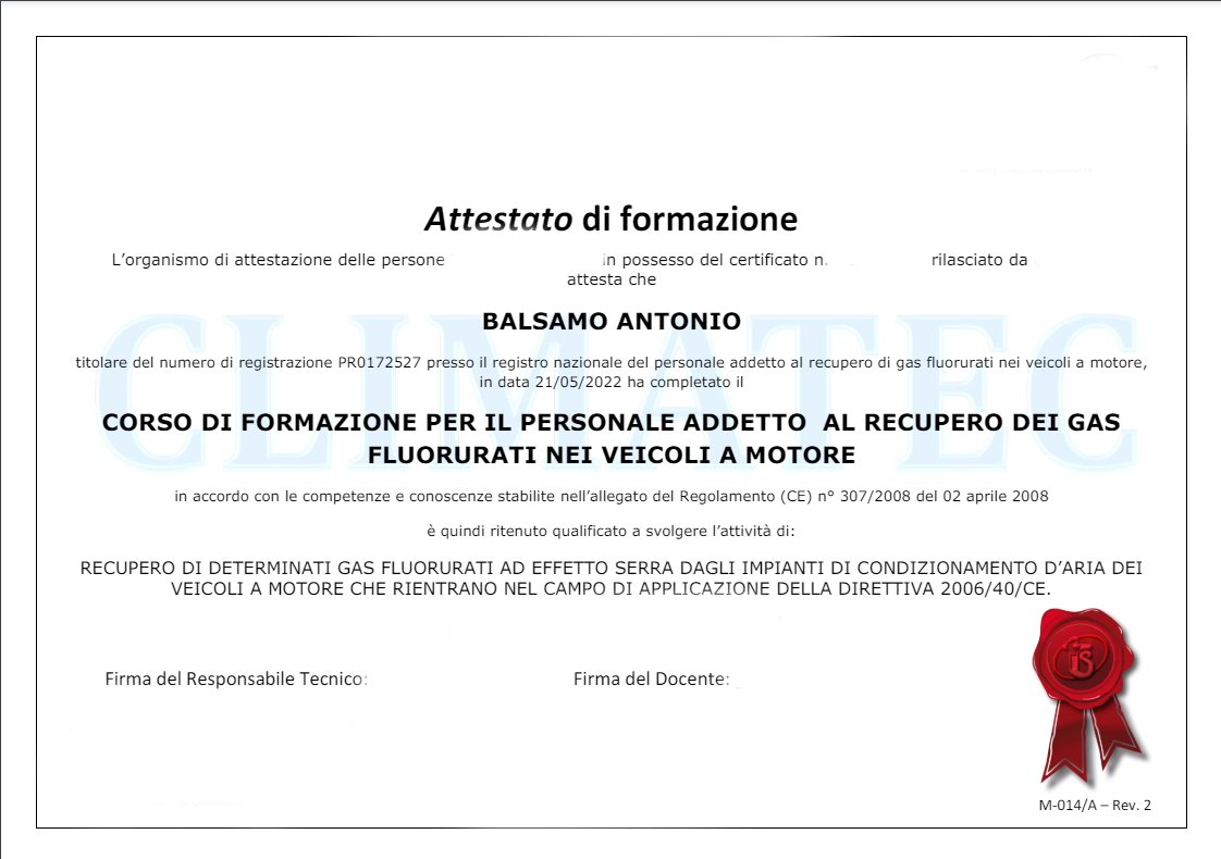 Corso addetto recupero gas fluorurati, patentino aria condizionata